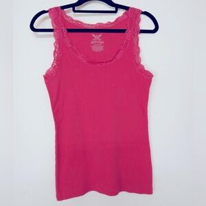 🌞 Faded Glory hot pink Barbiecore pink tank top lace trim L